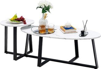 Modern Coffee Table Set of 2 Faux Marble Nesting Table Set For Living RoomOffice