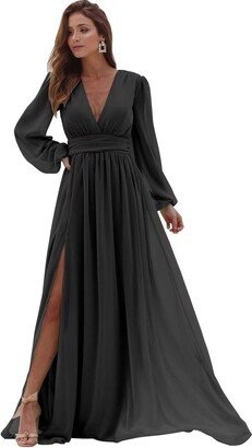 Susubiby Women's V Neck Chiffon Bridesmaid Dresses Long Sleeve Pleated A Line Black Formal Dresses for Women US 0