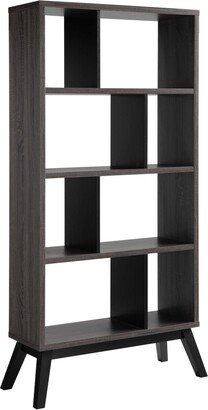 65 Inch Modern Bookcase, Four Shelves with Dividers, Flared Legs, Gray