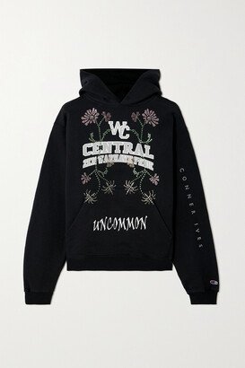 Crystal-embellished Printed Cotton-jersey Hoodie - Black