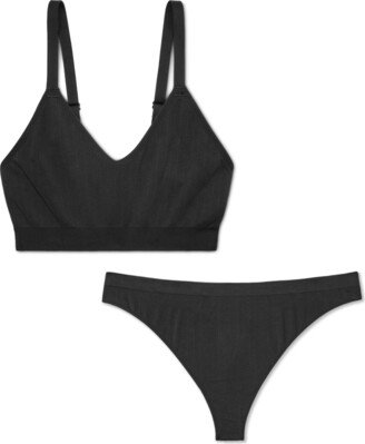 Women's Ribbed Seamless Bralette + Thong Underwear - Black - Modal Nylon