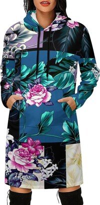Slameter Women's Flower Long Pullover Sweatshirt Dress Casual Long Sleeve Hoodie Dress with Pockets L