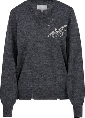 Bat Printed V-Neck Sweater-AA