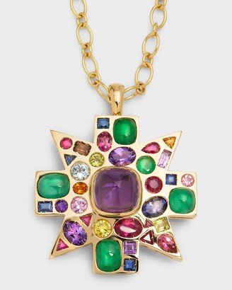 18K Amethyst, Emerald and Colored Stone Byzantine Pendant-Brooch Necklace