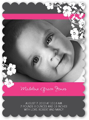 Birth Announcements: Floral Contour Pink Birth Announcement, Grey, Pearl Shimmer Cardstock, Scallop