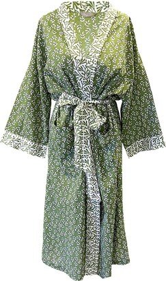 Lime Tree Design Green Leaf Cotton Full Length Kimono