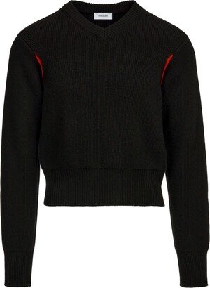 contrasting-panel V-neck jumper