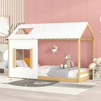 EHEK Twin Size House Bed with Roof and Window, Wooden Platform Bed with Slats for Kids, Girls and Boys