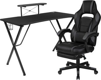 Black Gaming Desk with Cup Holder/Headphone Hook/Monitor Stand & Black Reclining Back/Arms Gaming Chair with Footrest