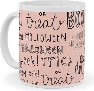 Mugs: Halloween Words - Black Ceramic Mug, White, 11Oz, Pink