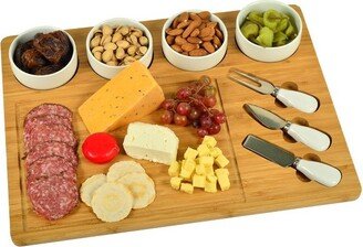 Large Bamboo Cheese/Charcuterie Board with 4 Ceramic Bowls & 3 Stainless Steel Cheese Tools - 17 x 13