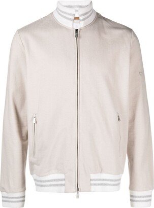 Ribbed-Trim Zip-Up Bomber Jacket-AA