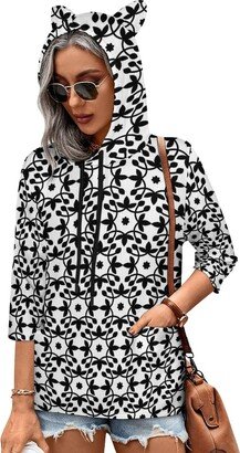 MENRIAOV Black Lace Womens Cute Hoodies with Cat Ears Sweatshirt Pullover with Pockets Shirt Top M