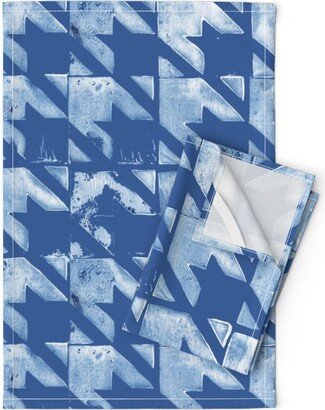 Denim Blue Tea Towels | Set Of 2 - Houndstooth Blockprint By Kerin Shekel Distressed Linen Cotton Spoonflower