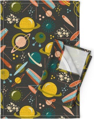 Space Tea Towels | Set Of 2 - All The New Worlds Large Scale By Dj-V Galaxy Universe Planets Retro Linen Cotton Spoonflower