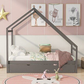 Twin Size Wooden House Bed With Twin Size Trundle