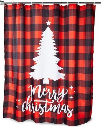 Farmlyn Creek Juvale Red Buffalo Plaid Merry Christmas Tree Bath Shower Curtain Set Polyester with 12 Hooks for Bathroom Decor 70x71