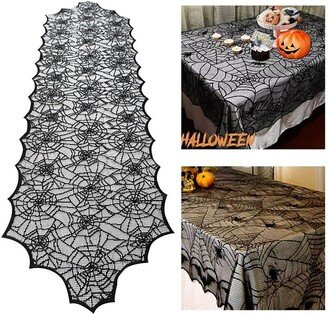 Lace Spider Web Skeleton Skull Tablecloth, Black Fireplace Mantel Scarf Halloween Decoration, Gift, Party Supplies