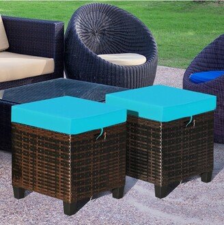 2PCS Patio Rattan Ottoman Cushioned Seat w/ Foot Rest Turquoise