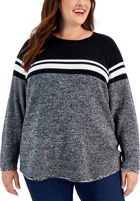 Plus Size Curved Hem Striped-Yoke Sweater, Created for Macy's