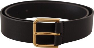 Black Calf Leather Gold Tone Logo Metal Buckle Women's Belt