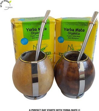 Yerba Mate Sale 2 Natural Gourds with Stainless Steel Strips & Base, Bombillas + Kraus Organic Bags