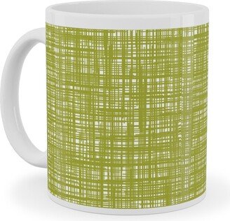 Mugs: Linen Hatch Texture - Green Ceramic Mug, White, 11Oz, Green