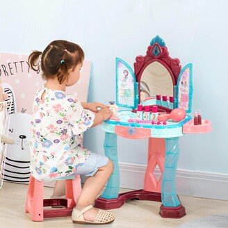 Kids Vanity Makeup Table Set with Chair and 31-Piece Collection, Mirror Princess Vanity Table with Self-Opening Magic Mirror, Music, Light, Imagi