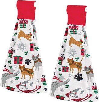 Collections Etc 2-Piece Holiday Cats Hanging Cotton Kitchen Towels