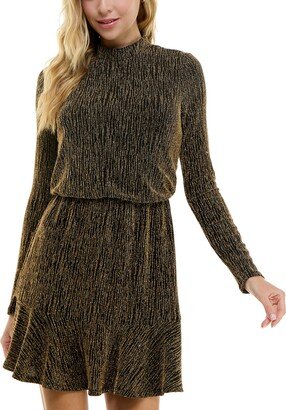 Juniors' Mock-Neck Long-Sleeve Blossom Shimmer Dress - Black/gold