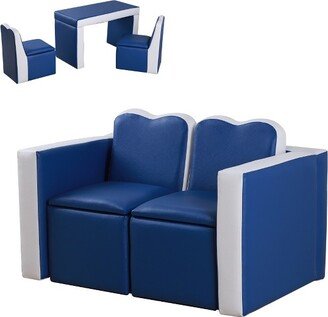 Kids Sofa Set 2-in-1 Multi-Functional Toddler Table Chair Set 2 Seat Couch Storage Box Soft Sturdy Blue