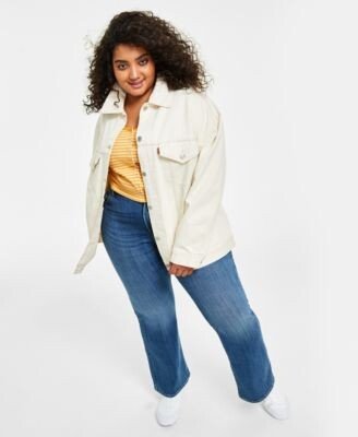 Levis Trendy Plus Size Cotton Baggy Trucker Jacket Britt Long Sleeve Snap Front Top 726 High Rise Flare Leg Jeans