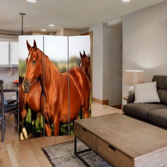 3 Panel Foldable Wooden Screen with Horse Print, Brown