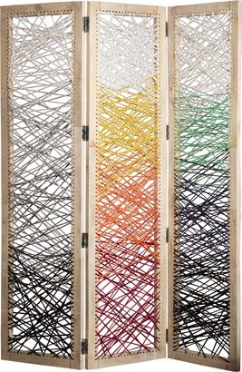 3 Panel Wooden Screen with Woven Reinforced Yarn, Multicolor