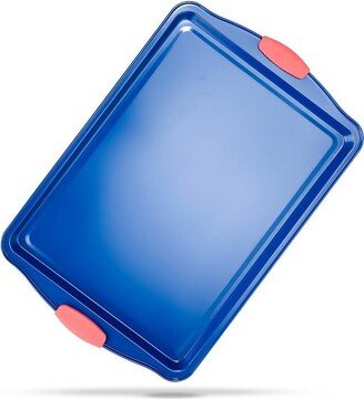 17” Non Stick Baking Pan, Large Blue Cookie Sheet with Red Silicone Handles