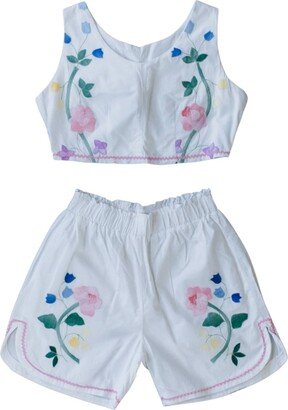 Sugar Cream Vintage Vintage Crop Top & Shorts Set With Vibrant Floral Print & Pink Lace Border