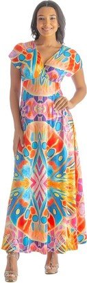 24seven Comfort Apparel Woens Multicolored Print Epire Waisted V-Neckline Cap Sleeves Maxi Dress -Multicolored-M