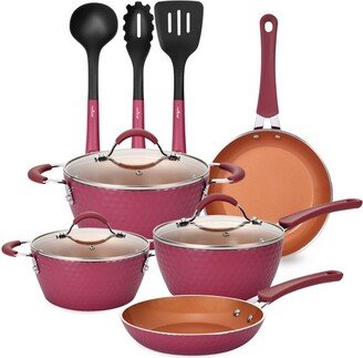 NCCW11GD-MAR 11 Piece Nonstick Ceramic Coating Elegant Diamond Pattern Kitchen Cookware Pots and Pan Set with Lids and Utensils, Marron Pink