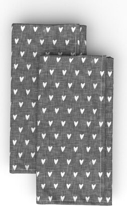 Cloth Napkins: Hearts On Grey Linen Cloth Napkin, Longleaf Sateen Grand, Gray