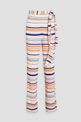 Belted striped ribbed-knit wide-leg pants