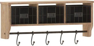 Emma and Oliver 24 Rustic Country Wall Mounted Shelf with 5 Adjustable Sliding Hooks and Three Wire Storage Baskets in Rustic Brown