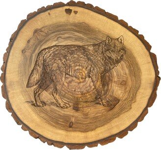 Rustic Wolf Engraved Lazy Susan Log Slice With Bark, Turn Table Smooth Ball Bearing Action, Engraving Option