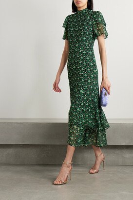 Aurelie Ruffled Metallic Fil Coupé Crepon Midi Dress - Green