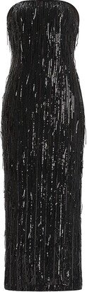 Strapless Sequined & Beaded Fringe Midi-Dress