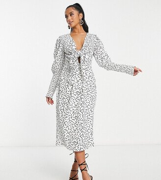 Collective the Label Petite exclusive plunge tie front midi dress in cream heart print