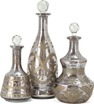 9, 11, 14 Inch Set of 3 Glass Decanters, Floral Etchings, Silver