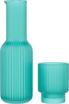Bedside Water Night Set 30 oz Carafe with Tumbler Glass, Ribbed Pitcher - Aqua Blue