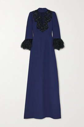 Crystal-embellished Feather-trimmed Crepe Gown - Blue