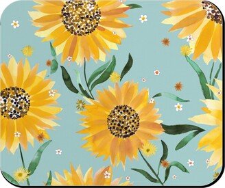 Mouse Pads: Watercolor Sunflowers - Yellow On Blue Mouse Pad, Rectangle Ornament, Yellow