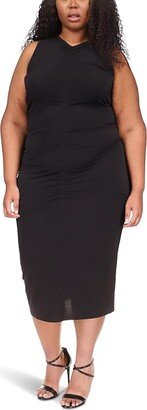 Size Sleeveless Center Front Ruched Midi Dress (Black) Women's Dress